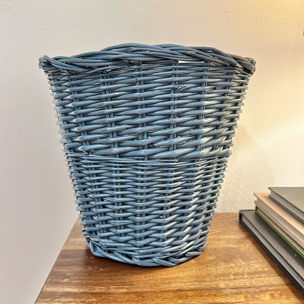 Vintage grey blue colored rattan basket wastebasket planter